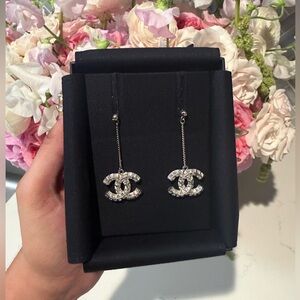 CHANEL Silver and White Logo Earrings